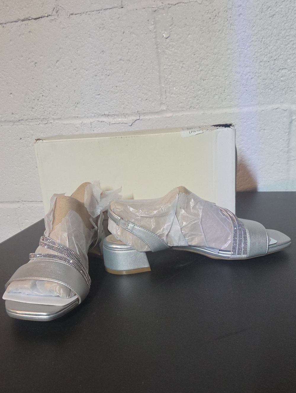 Life Stride Joy Silver Low Block Heel Slingback Sandals with Rhinestone Straps